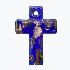 Millefiori Art Glass Cross Pendant Blue Copper Shimmer Flower Christian DIY 2"